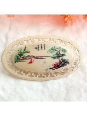 Chinese Hand-Carved & Painted Landscape Scenery 1950's Vintage Jewelry Brooch